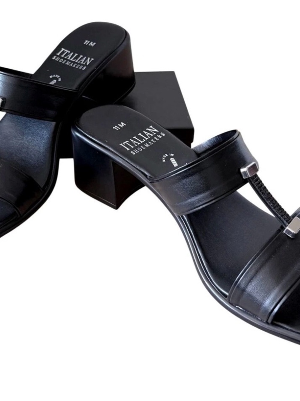 Italian Shoemakers Black Leather Block Heel Mules